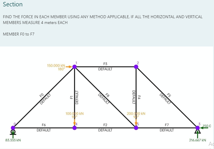 Section
FIND THE FORCE IN EACH MEMBER USING ANY METHOD APPLICABLE, IF ALL THE HORIZONTAL AND VERTICAL
MEMBERS MEASURE 4 meters EACH
MEMBER FO to F7
F3
150.000 kN
180
DEFAULT
F8
DEFAULT
F5
DEFAULT
FO
DEFAULT
200.000 kN
100.000 kN
F7
150.0
F2
DEFAULT
F6
DEFAULT
DEFAULT
216.667 kN
Ac
83.333 kN
F4
DEFAULT
DEFAULT
F1
