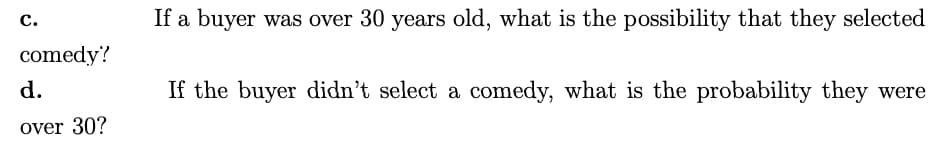 C.
comedy?
d.
over 30?
If a buyer was over 30 years old, what is the possibility that they selected
If the buyer didn't select a comedy, what is the probability they were