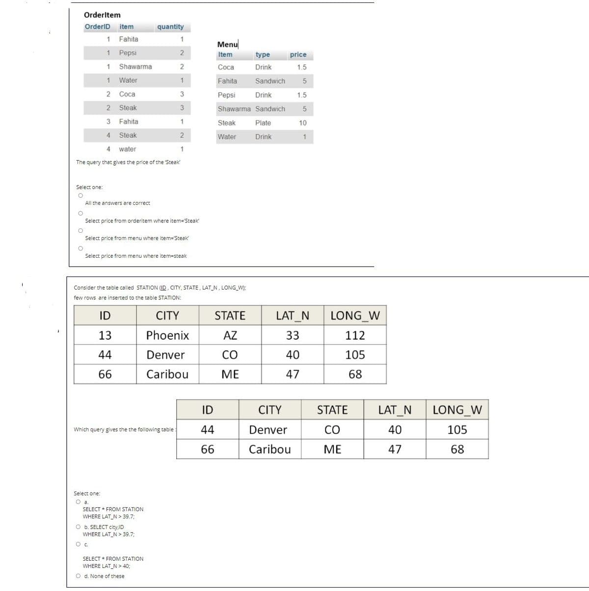Orderltem
OrderlD
item
quantity
1
Fahita
1
Menu
1 Pepsi
Item
type
price
1
Shawarma
Соса
Drink
1.5
1
Water
Fahita
Sandwich
2 Соca
3
Pepsi
Drink
1.5
Steak
3
Shawarma Sandwich
3
Fahita
Steak
Plate
10
Steak
Water
Drink
1
4
water
1
The query that gives the price of the Steak'
Select one:
All the answers are correct
Select price from orderitem where item='Steak
Select price from menu where item='Steak
Select price from menu where item=steak
Consider the table called STATION (ID, CITY, STATE , LAT_N, LONG_W);
few rows are inserted to the table STATION:
ID
CITY
STATE
LAT_N
LONG W
13
Phoenix
AZ
33
112
44
Denver
CO
40
105
66
Caribou
МЕ
47
68
ID
CITY
STATE
LAT_N
LONG_W
44
Denver
CO
40
105
Which query gives the the following table:
66
Caribou
ME
47
68
Select one:
O a
SELECT * FROM STATION
WHERE LAT_N > 39.7;
O b. SELECT city,ID
WHERE LAT_N > 39.7;
SELECT * FROM STATION
WHERE LAT_N > 40;
O d. None of these
