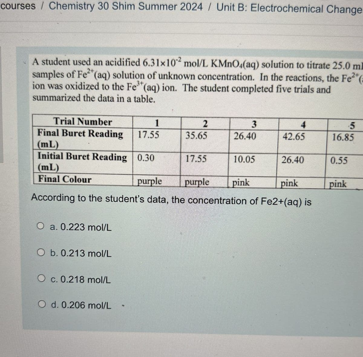 courses / Chemistry 30 Shim Summer 2024 / Unit B: Electrochemical Change.
A student used an acidified 6.31×102 mol/L KMnO4(aq) solution to titrate 25.0 ml
samples of Fe²+(aq) solution of unknown concentration. In the reactions, the Fe2(
ion was oxidized to the Fe3+ (aq) ion. The student completed five trials and
summarized the data in a table.
Trial Number
1
2
3
4
5
Final Buret Reading
17.55
35.65
26.40
42.65
16.85
(mL)
Initial Buret Reading 0.30
17.55
10.05
26.40
0.55
(mL)
Final Colour
purple
purple
pink
pink
pink
According to the student's data, the concentration of Fe2+(aq) is
O a. 0.223 mol/L
O b. 0.213 mol/L
O c. 0.218 mol/L
O d. 0.206 mol/L