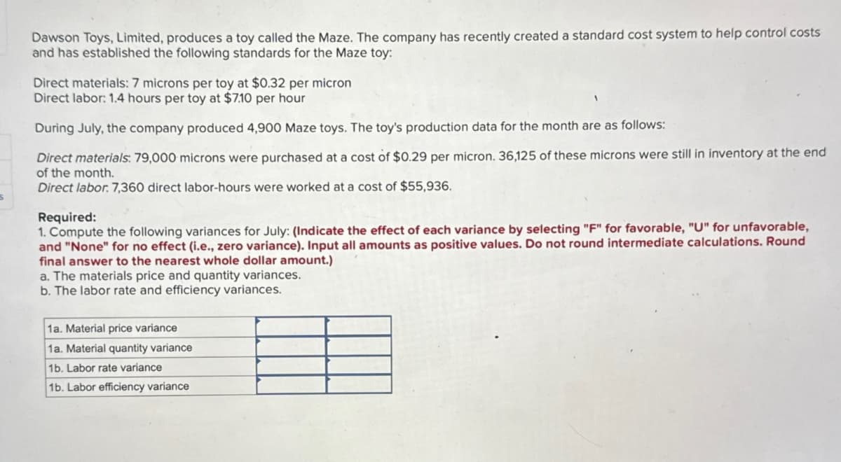 Dawson Toys, Limited, produces a toy called the Maze. The company has recently created a standard cost system to help control costs
and has established the following standards for the Maze toy:
Direct materials: 7 microns per toy at $0.32 per micron
Direct labor: 1.4 hours per toy at $7.10 per hour
During July, the company produced 4,900 Maze toys. The toy's production data for the month are as follows:
Direct materials: 79,000 microns were purchased at a cost of $0.29 per micron. 36,125 of these microns were still in inventory at the end
of the month.
Direct labor. 7,360 direct labor-hours were worked at a cost of $55,936.
Required:
1. Compute the following variances for July: (Indicate the effect of each variance by selecting "F" for favorable, "U" for unfavorable,
and "None" for no effect (i.e., zero variance). Input all amounts as positive values. Do not round intermediate calculations. Round
final answer to the nearest whole dollar amount.)
a. The materials price and quantity variances.
b. The labor rate and efficiency variances.
1a. Material price variance
1a. Material quantity variance
1b. Labor rate variance
1b. Labor efficiency variance
