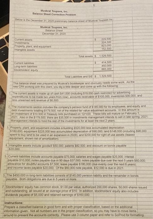 Muskrat Toupees, Inc.
Balance Sheet Correction Problem
Below is the December 31. 2020 prelinminary balance sheet of Muskrat Toupe
Muskrat Toupees, Inc.
Balance Sheet
December 31. 2020
Current assets
Investments
Property, plant, and equipment
Intangible assets
229,500
324 500
823,000
152.500
Total assets S 1.529 500
Current liabities
Long-term liabilities
Stockholders' equity
414,500
450.000
665.000
Total Liabilities and S/E S 1.529.500
This balance sheet was prepared by Muskrat's bookkeeper and obviously needs some work. AS the
new CPA working with this client, you dig a ittle deeper and come up with the following
The current assets is made up of cash $41.000 (including $19,000 cash restricted for advertising
expenditures to be made two years from now), accounts receivable of $105.000, inventories $90,000, and
less uneamed rent revenue of $6,500.
2the investments section includes the company's pension fund of $145,000 for its employees, and equity and
debt investments totaling $179,500, net of the related fair value adjustment accounts In this amount is
an investment of $10.500 in Treasury bills purchased on 12/1/20. These bills will mature on February 1.
2021. Also in the S179,500, there are $35,500 in investments management intends to sell in late spring, 2021.
Management intends to hold the rest of the investments for at least the next 2 years
3.Property, plant, and equpment includes a building $520,000 less accumulated depreciation
$180.000, equipment $225,000 less accumulated depreciation of $90,000. land $148,000 (including S98,000
spent to buy land to be used in an expansion in 2028): and $200.000 for right of use assets (leased
equipment, shown net of amortization)
4. intangible assets include goodwill $50,000, patents $82,500. and discount on bonds payable
$20,000.
5. Current liabilities include accounts payable $75,000, salaries and wages payable $25,000; interest
payable $10,000, notes payable due in 90 days $37,000, notes payable due over the next 5 years S60,000.
allowance for doubtful accounts $7,500; lease payable $180,000 (due evenly over the next 6 years).
and income taxes payable 520,000. Of the 560,000 note payable, $12.000 is due in 2021
3. The $450,000 in long-term liabilities consists of $145,000 pension liability and the remainder in bonds
payable. Both obligations are due in 5 years or more.
7 Stockholders' equity has common stock, $1.00 par value, authorized 200,000 shares, 50,000 shares issued
and outstanding all issued at an average price of $10. In addition, stockholders' equity also includes
dividends payable of $5,000 and retained earnings of $160,000.
Instructions:
Prepare a classified balance in good form and with proper classification, based on the additional
information given Not all numbers are in the proper classification, so you may have to move items
around to present the accounts correctly Please use 3 column paper and refer to SciProd for formatting
