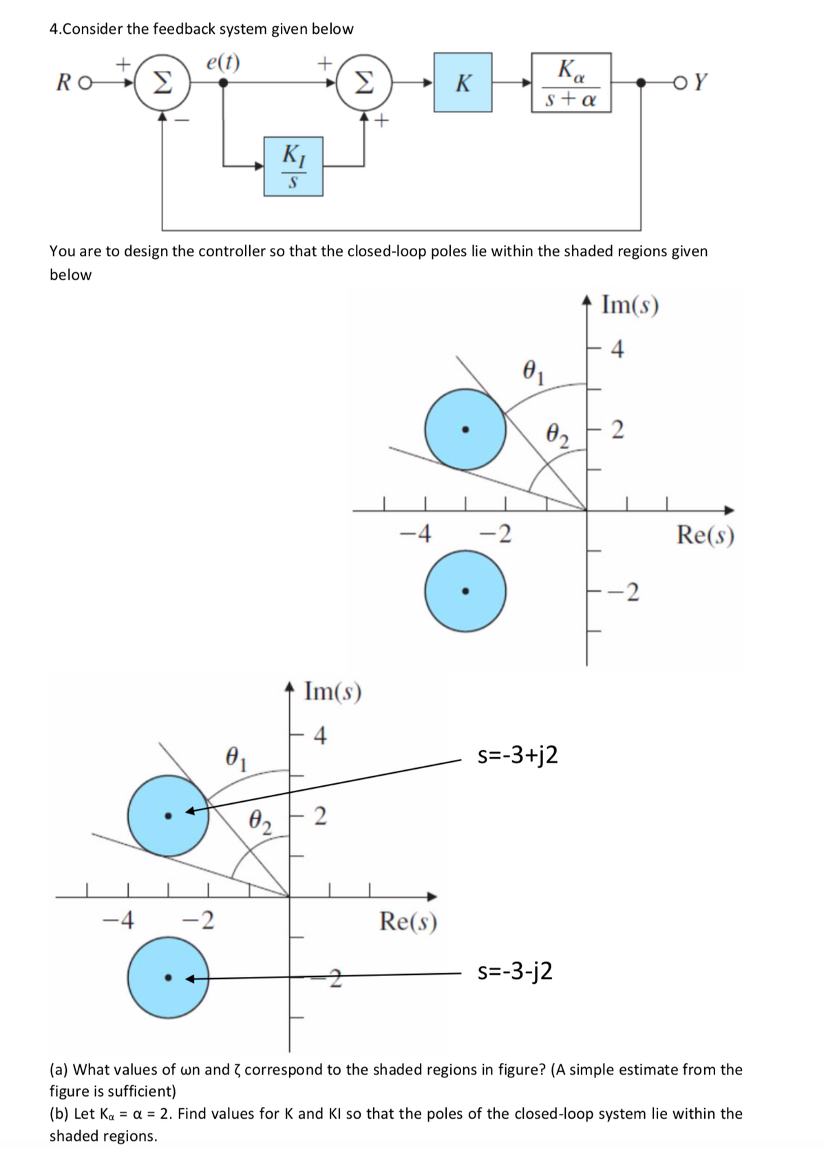 4.Consider the feedback system given below
e(t)
Ro E
Ka
s+a
K
OY
K1
S
You are to design the controller so that the closed-loop poles lie within the shaded regions given
below
Im(s)
4
82
2
-4
-2
Re(s)
-2
Im(s)
4
s=-3+j2
02 F 2
-4
-2
Re(s)
s=-3-j2
(a) What values of wn and 7 correspond to the shaded regions in figure? (A simple estimate from the
figure is sufficient)
(b) Let Ka = a = 2. Find values for K and KI so that the poles of the closed-loop system lie within the
shaded regions.
