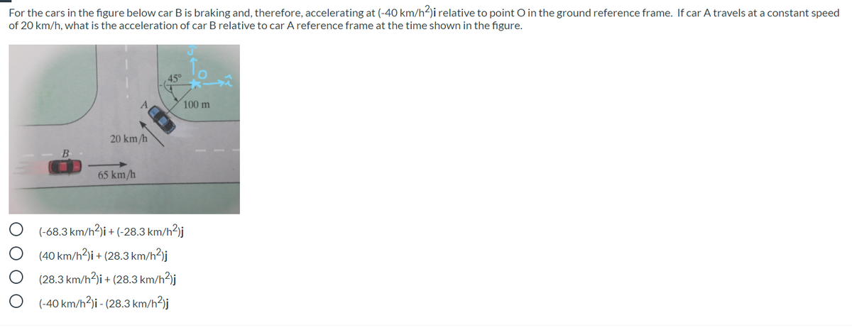 For the cars in the figure below car B is braking and, therefore, accelerating at (-40 km/h²)i relative to point O in the ground reference frame. If car A travels at a constant speed
of 20 km/h, what is the acceleration of car B relative to car A reference frame at the time shown in the figure.
45°
100 m
20 km/h
B
65 km/h
(-68.3 km/h?)i + (-28.3 km/h2)j
(40 km/h?)i + (28.3 km/h?]j
(28.3 km/h?)i + (28.3 km/h?)j
(-40 km/h3ji - (28.3 km/h?j
