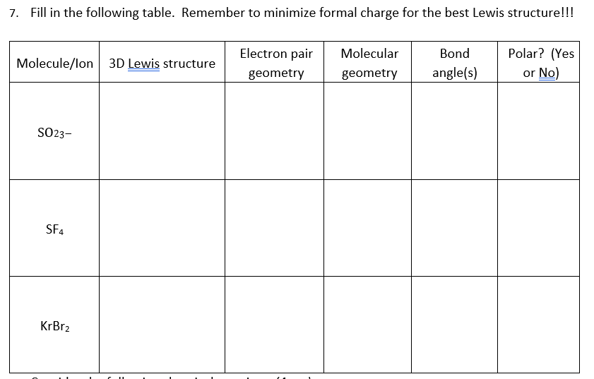 7. Fill in the following table. Remember to minimize formal charge for the best Lewis structure!!!
Electron pair
Molecular
Bond
Polar? (Yes
Molecule/lon 3D Lewis structure
geometry
angle(s)
or No)
geometry
SO23-
SF4
KrBr2
