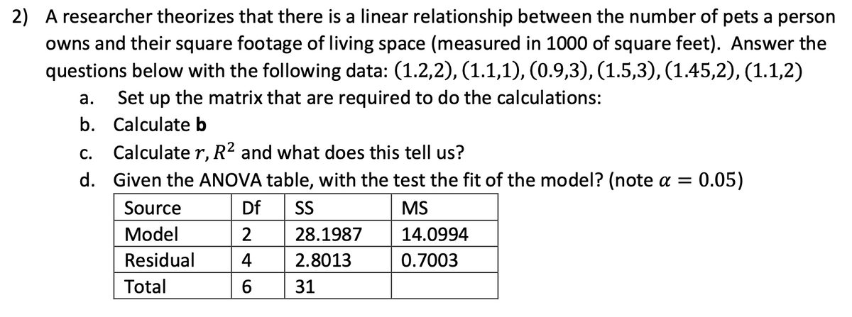 2) A researcher theorizes that there is a linear relationship between the number of pets a person
owns and their square footage of living space (measured in 1000 of square feet). Answer the
questions below with the following data: (1.2,2), (1.1,1), (0.9,3), (1.5,3), (1.45,2), (1.1,2)
a. Set up the matrix that are required to do the calculations:
b.
Calculate b
C. Calculate r, R² and what does this tell us?
d. Given the ANOVA table, with the test the fit of the model? (note a = 0.05)
Source
Df
SS
MS
Model
2
28.1987
14.0994
Residual
4
2.8013
0.7003
Total
6
31