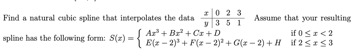 X 023
y 3 5 1
Ax³ + Bx² + Cx + D
E(x − 2)³ + F (x − 2)² + G(x − 2) + H
Find a natural cubic spline that interpolates the data
spline has the following form: S(x) = {
Assume that your resulting
if 0 < x < 2
if 2 < x < 3