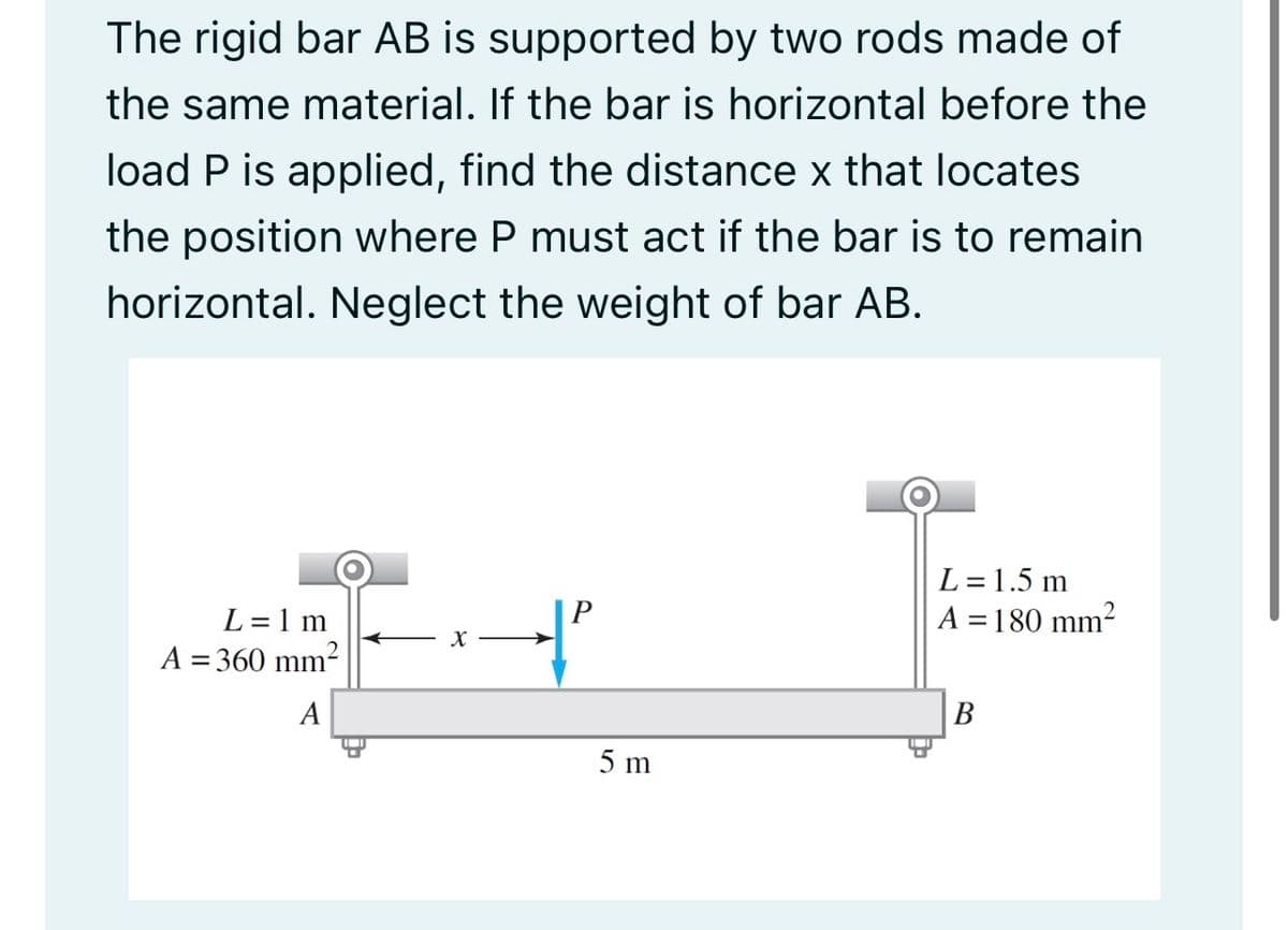 The rigid bar AB is supported by two rods made of
the same material. If the bar is horizontal before the
load P is applied, find the distance x that locates
the position where P must act if the bar is to remain
horizontal. Neglect the weight of bar AB.
L = 1.5 m
A = 180 mm?
L =1 m
A = 360 mm2
A
B
5 m
