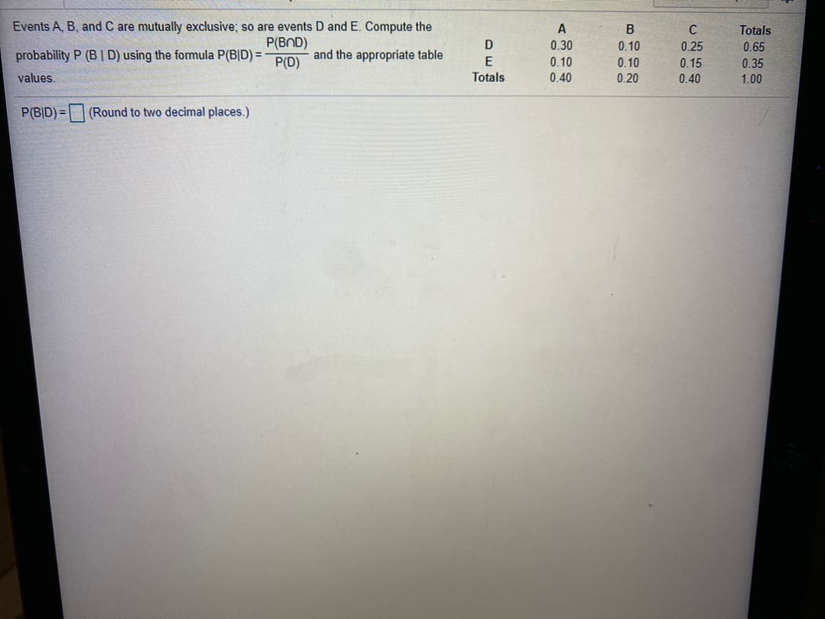 Events A, B, and C are mutually exclusive; so are events D and E. Compute the
A
Totals
P(BND)
0.30
0.10
0.25
0.65
probability P (BI D) using the formula P(BID) =
and the appropriate table
P(D)
E
0.10
0.10
0.15
0.35
values.
Totals
0.40
0.20
0.40
1.00
P(BID)=(Round to two decimal places.)
