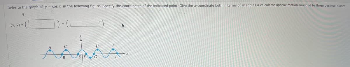 Refer to the graph of y = cos x in the following figure. Specify the coordinates of the indicated point. Give the x-coordinate both in terms of 7t and as a calculator approximation rounded to three decimal places
H.
(х, у)
DE G
F
