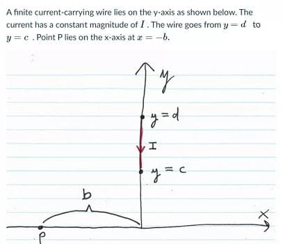 A finite current-carrying wire lies on the y-axis as shown below. The
current has a constant magnitude of I. The wire goes from y =d to
y = c . Point P lies on the x-axis at æ = -b.
