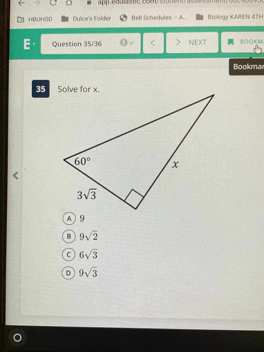 ### Trigonometry Problem: Solve for x

In this problem, we are given a right triangle with the following parameters:
- One angle is 60°
- The length of the side opposite the 60° angle is \(3\sqrt{3}\)
- We need to solve for the length of the hypotenuse \(x\)

#### Given:
- Angle \( \theta = 60° \)
- Opposite side to angle \( \theta \): \( 3\sqrt{3} \)
- Right angle

#### Options:
A. \( 9 \)

B. \( 9\sqrt{2} \)

C. \( 6\sqrt{3} \)

D. \( 9\sqrt{3} \)

#### Solution:
To solve for \( x \), we can use the relationship between the sides of a 30°-60°-90° triangle. In a 30°-60°-90° triangle:
- The length of the hypotenuse is twice the length of the shorter leg (opposite the 30° angle).
- The length of the longer leg (opposite the 60° angle) is \( \sqrt{3} \) times the length of the shorter leg.

Given that the length of the longer leg is \( 3\sqrt{3} \):
- Let the shorter leg be \( y \).
  - Therefore, \( y \cdot \sqrt{3} = 3\sqrt{3} \)
  - Solving for \( y \): \( y = 3 \)
- The hypotenuse \( x \) is twice the length of the shorter leg:
  - \( x = 2 \cdot y \)
  - Thus, \( x = 2 \cdot 3 = 6 \)

#### Correct Answer:
C. \( 6\sqrt{3} \)


However, since none of the options directly align with this solution, it might be necessary for a reevaluation, or there may have been a different approach expected in the configuration of this problem that needs a more detailed insight.