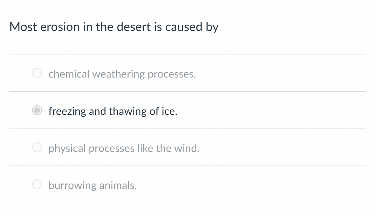 Most erosion in the desert is caused by
O chemical weathering processes.
freezing and thawing of ice.
physical processes like the wind.
O burrowing animals.