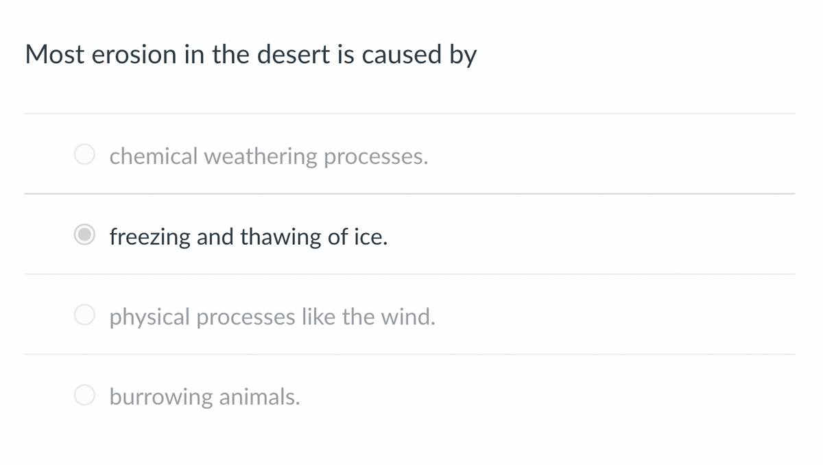 Most erosion in the desert is caused by
chemical weathering processes.
Ofreezing and thawing of ice.
Ophysical processes like the wind.
O burrowing animals.