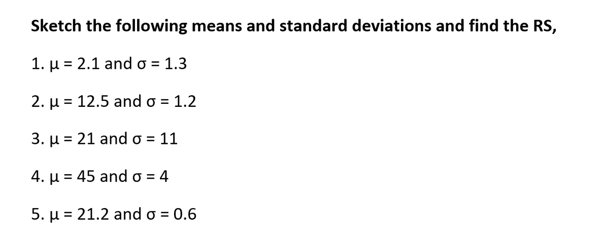 Sketch the following means and standard deviations and find the RS,
1. µ = 2.1 and o =
:1.3
2. µ = 12.5 and o = 1.2
%D
3. µ = 21 and o = 11
4. µ = 45 and o = 4
5. µ = 21.2 and o = 0.6
%3D
