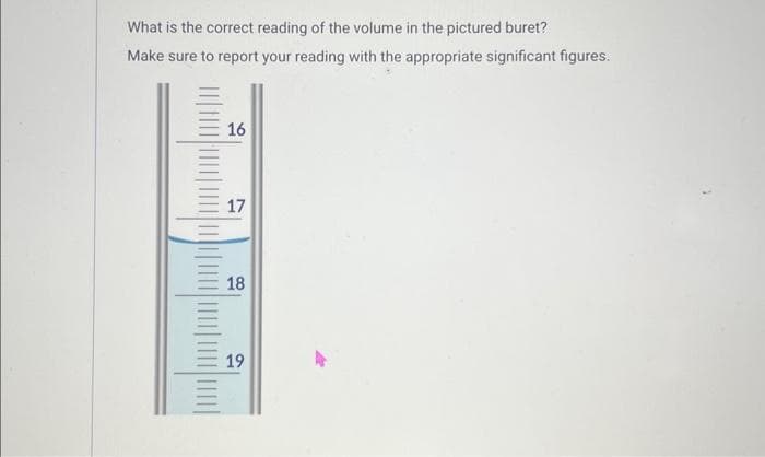 What is the correct reading of the volume in the pictured buret?
Make sure to report your reading with the appropriate significant figures.
16
17
18
19