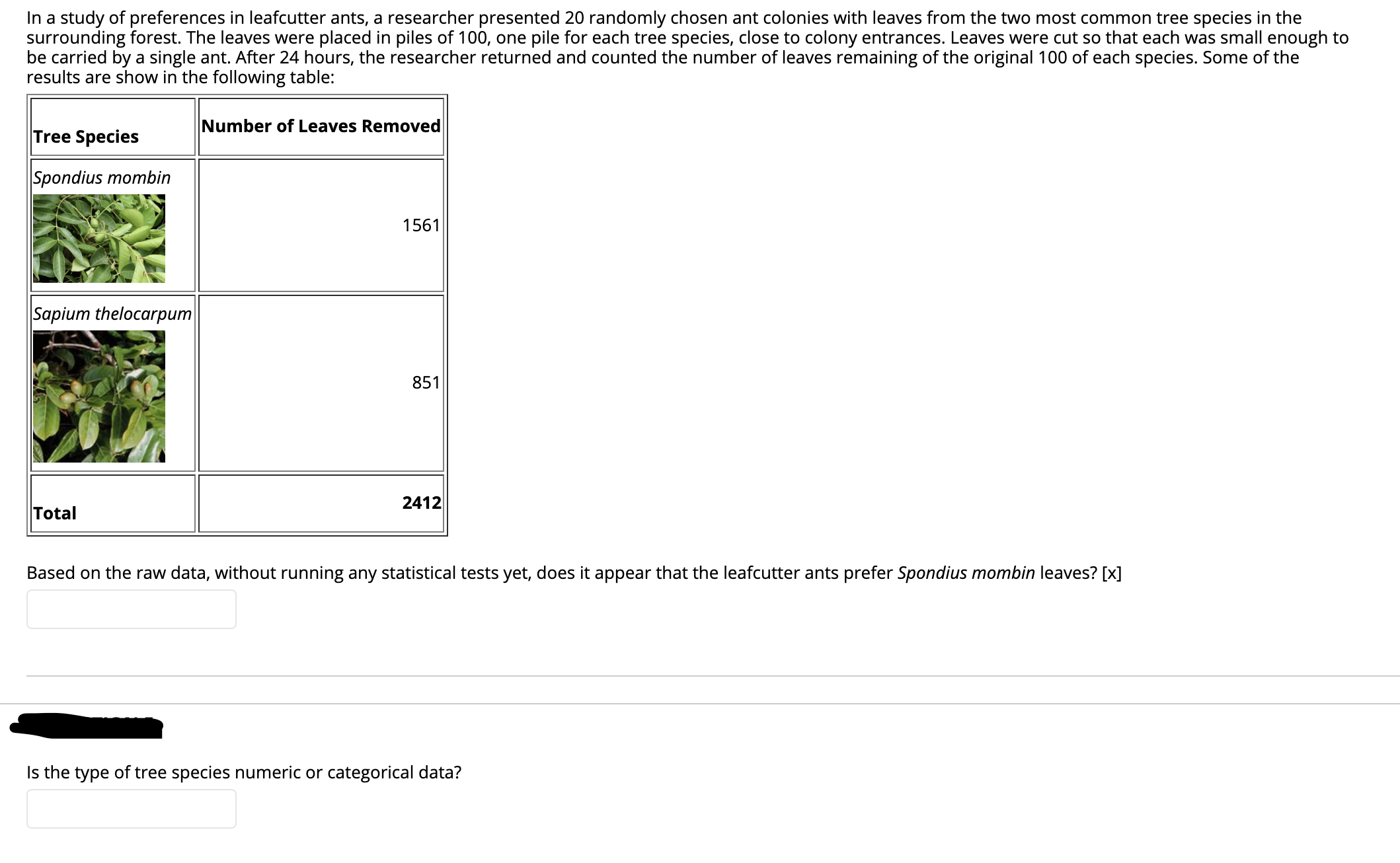 In a study of preferences in leafcutter ants, a researcher presented 20 randomly chosen ant colonies with leaves from the two most common tree species in the
surrounding forest. The leaves were placed in piles of 100, one pile for each tree species, close to colony entrances. Leaves were cut so that each was small enough to
be carried by a single ant. After 24 hours, the researcher returned and counted the number of leaves remaining of the original 100 of each species. Some of the
results are show in the following table:
Number of Leaves Removed
Tree Species
Spondius mombin
1561
Sapium thelocarpum
851
2412
Total
Based on the raw data, without running any statistical tests yet, does it appear that the leafcutter ants prefer Spondius mombin leaves? [x]
Is the type of tree species numeric or categorical data?
