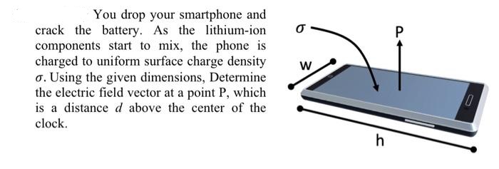 You drop your smartphone and
crack the battery. As the lithium-ion
components start to mix, the phone is
charged to uniform surface charge density
o. Using the given dimensions, Determine
the electric field vector at a point P, which
is a distance d above the center of the
clock.
0
W
h
P