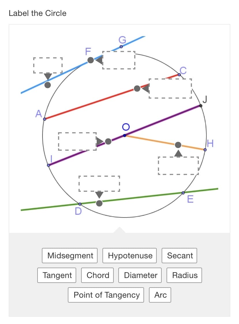 Label the Circle
F
A
E
Midsegment
Hypotenuse
Secant
Tangent
Chord
Diameter
Radius
Point of Tangency
Arc
