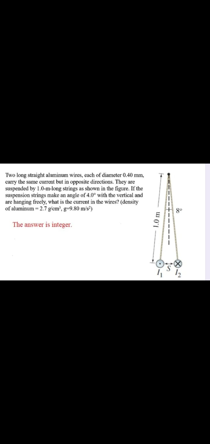 Two long straight aluminum wires, each of diameter 0.40 mm,
carry the same current but in opposite directions. They are
suspended by 1.0-m-long strings as shown in the figure. If the
suspension strings make an angle of 4.0° with the vertical and
are hanging freely, what is the current in the wires? (density
of aluminum = 2.7 g/cm³, g=9.80 m/s?)
80
The answer is integer.
1.0 m
