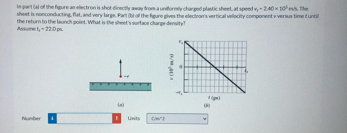 In part (a) of the figure an electron is shot directly away from a uniformly charged plastic sheet, at speed v, - 2.40 x 10° m/s. The
sheet is nonconducting, flat, and very large. Part (b) of the figure gives the electron's vertical velocity component v versus time t until
the return to the launch point. What is the sheet's surface charge density?
Assume t, - 22.0 ps.
-V
(ps)
(a)
Number
i
Units
C/m^2
v (10° m/s)
