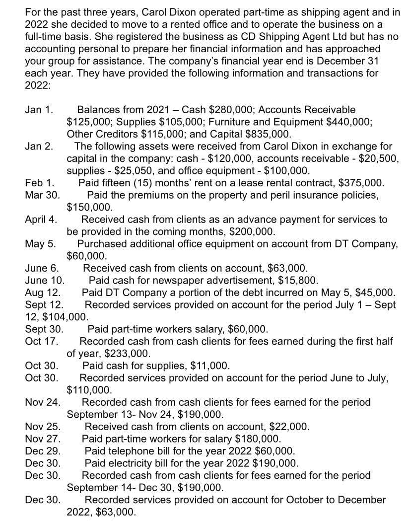 For the past three years, Carol Dixon operated part-time as shipping agent and in
2022 she decided to move to a rented office and to operate the business on a
full-time basis. She registered the business as CD Shipping Agent Ltd but has no
accounting personal to prepare her financial information and has approached
your group for assistance. The company's financial year end is December 31
each year. They have provided the following information and transactions for
2022:
Jan 1.
Jan 2.
Feb 1.
Mar 30.
April 4.
May 5.
June 6.
June 10.
Sept 30.
Oct 17.
Oct 30.
Oct 30.
Aug 12.
Sept 12.
12, $104,000.
Nov 24.
Nov 25.
Nov 27.
Dec 29.
Dec 30.
Dec 30.
Balances from 2021-Cash $280,000; Accounts Receivable
$125,000; Supplies $105,000; Furniture and Equipment $440,000;
Other Creditors $115,000; and Capital $835,000.
The following assets were received from Carol Dixon in exchange for
capital in the company: cash - $120,000, accounts receivable - $20,500,
supplies - $25,050, and office equipment - $100,000.
Paid fifteen (15) months' rent on a lease rental contract, $375,000.
Paid the premiums on the property and peril insurance policies,
$150,000.
Dec 30.
Received cash from clients as an advance payment for services to
be provided in the coming months, $200,000.
Purchased additional office equipment on account from DT Company,
$60,000.
Received cash from clients on account, $63,000.
Paid cash for newspaper advertisement, $15,800.
Paid DT Company a portion of the debt incurred on May 5, $45,000.
Recorded services provided on account for the period July 1 - Sept
Paid part-time workers salary, $60,000.
Recorded cash from cash clients for fees earned during the first half
of year, $233,000.
Paid cash for supplies, $11,000.
Recorded services provided on account for the period June to July,
$110,000.
Recorded cash from cash clients for fees earned for the period
September 13- Nov 24, $190,000.
Received cash from clients on account, $22,000.
Paid part-time workers for salary $180,000.
Paid telephone bill for the year 2022 $60,000.
Paid electricity bill for the year 2022 $190,000.
Recorded cash from cash clients for fees earned for the period
September 14- Dec 30, $190,000.
Recorded services provided on account for October to December
2022, $63,000.