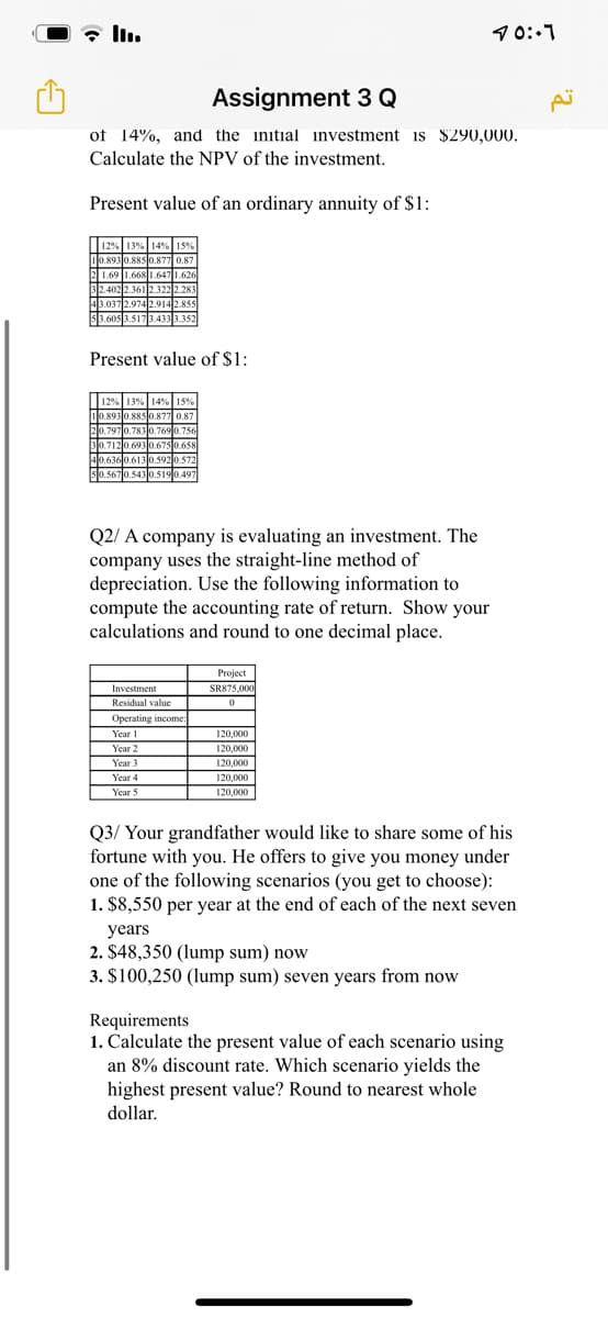 90:-7
Assignment 3 Q
of 14%, and the initial investment is $290,000.
Calculate the NPV of the investment.
Present value of an ordinary annuity of $1:
12% 13% 14% 15%
0.893 0.885 0.877 0.87
2 1.69 6
32.402 2.361 2.322 2.283
43.037 2.974 2.914 2.855
53.605 3.5173.433 3.352
1.6681.6471.62
Present value of $1:
12% 13% 14% 15%
0.8930.885 0.877 0.87
20.7970.783 0.7690.756
30.712 0.6930.675 0.658
40.636 0.6130.592 0.572
0.5670.5430.519 0.497
s
Q2/ A company is evaluating an investment. The
company uses the straight-line method of
depreciation. Use the following information to
compute the accounting rate of return. Show your
calculations and round to one decimal place.
Project
SR875,000
Investment
Residual value
Operating income:
Year I
120,000
Year 2
120,000
Year 3
120,000
Year 4
120,000
Year 5
120,000
Q3/ Your grandfather would like to share some of his
fortune with you. He offers to give you money under
one of the following scenarios (you get to choose):
1. $8,550 per year at the end of each of the next seven
years
2. $48,350 (lump sum) now
3. $100,250 (lump sum) seven years from now
Requirements
1. Calculate the present value of each scenario using
an 8% discount rate. Which scenario yields the
highest present value? Round to nearest whole
dollar.
