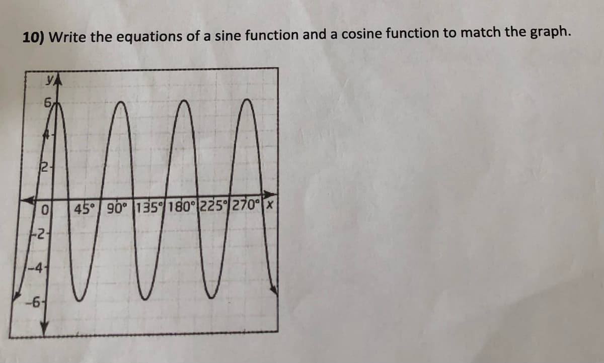 10) Write the equations of a sine function and a cosine function to match the graph.
YA
6,
45° 90 135 180 225 270 x
-6-
