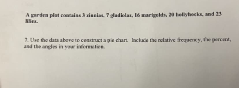 A garden plot contains 3 zinnias, 7 gladiolas, 16 marigolds, 20 hollyhocks, and 23
lilies.
7. Use the data above to construct a pie chart. Include the relative frequency, the percent,
and the angles in your information.
