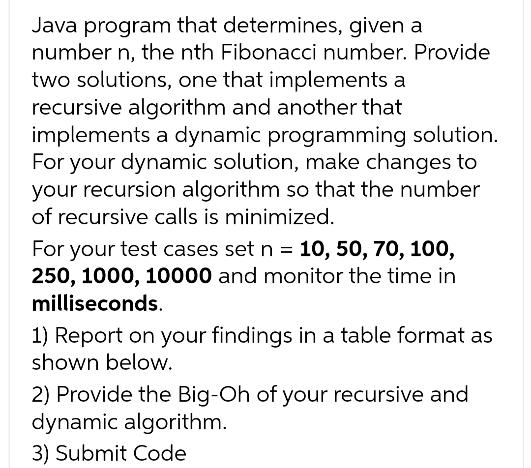 Java program that determines, given a
number n, the nth Fibonacci number. Provide
two solutions, one that implements a
recursive algorithm and another that
implements a dynamic programming solution.
For your dynamic solution, make changes to
your recursion algorithm so that the number
of recursive calls is minimized.
For your test cases set n = 10, 50, 70, 100,
250, 1000, 10000 and monitor the time in
milliseconds.
1) Report on your findings in a table format as
shown below.
2) Provide the Big-Oh of your recursive and
dynamic algorithm.
3) Submit Code