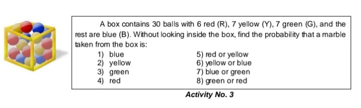 A box contains 30 balls with 6 red (R), 7 yellow (Y), 7 green (G), and the
rest are blue (B). Without looking inside the box, find the probability that a marble
taken from the box is:
1) blue
2) yellow
3) green
4) red
5) red or yellow
6) yellow or blue
7) blue or green
8) green or red
Activity No. 3
