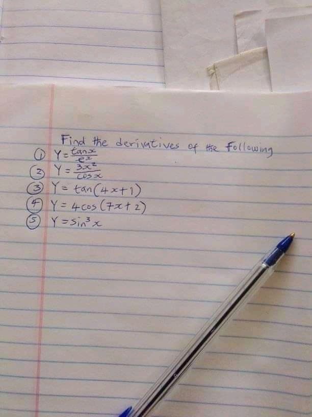 Find the derivatives of Hhe following
O Y= Canx
3 Y- 3x
COS
Y = tan(4xt1)
Y= 4c0s(チスナ2)
(5) Y=Sin x
