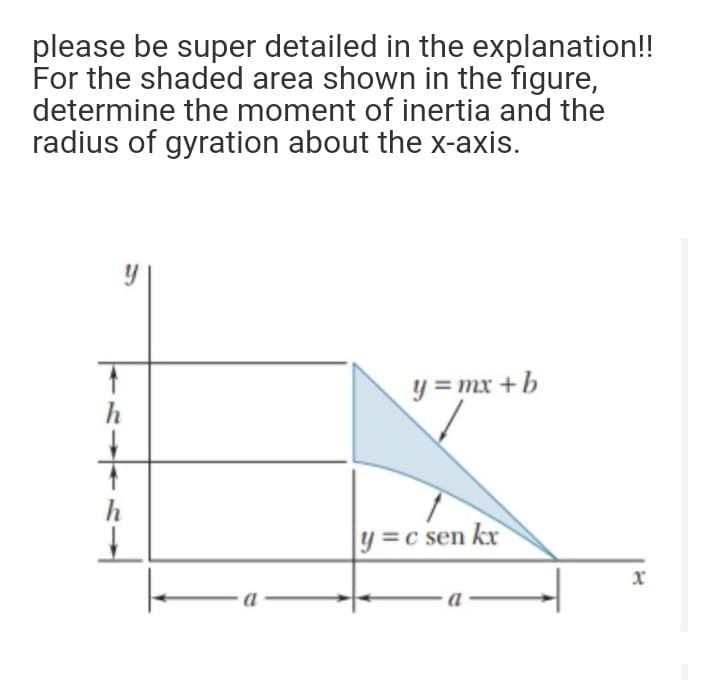 please be super detailed in the explanation!!
For the shaded area shown in the figure,
determine the moment of inertia and the
radius of gyration about the x-axis.
y = mx +b
h
y =c sen kx
