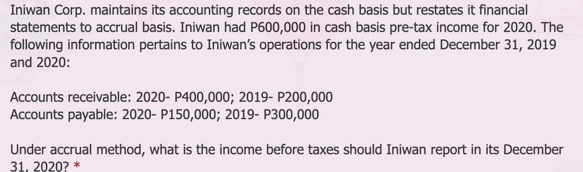 Iniwan Corp. maintains its accounting records on the cash basis but restates it financial
statements to accrual basis. Iniwan had P600,000 in cash basis pre-tax income for 2020. The
following information pertains to Iniwan's operations for the year ended December 31, 2019
and 2020:
Accounts receivable: 2020- P400,000; 2019- P200,000
Accounts payable: 2020- P150,000; 2019- P300,000
Under accrual method, what is the income before taxes should Iniwan report in its December
31, 2020? *
