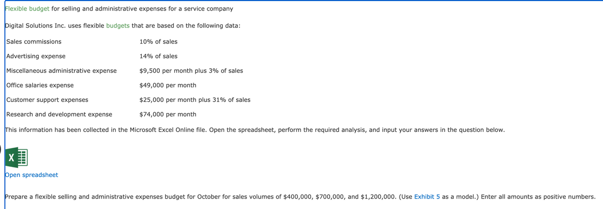 Flexible budget for selling and administrative expenses for a service company
Digital Solutions Inc. uses flexible budgets that are based on the following data:
Sales commissions
10% of sales
Advertising expense
14% of sales
Miscellaneous administrative expense
$9,500 per month plus 3% of sales
Office salaries expense
$49,000 per month
Customer support expenses
$25,000 per month plus 31% of sales
Research and development expense
$74,000 per month
This information has been collected in the Microsoft Excel Online file. Open the spreadsheet, perform the required analysis, and input your answers in the question below.
X
Open spreadsheet
Prepare a flexible selling and administrative expenses budget for October for sales volumes of $400,000, $700,000, and $1,200,000. (Use Exhibit 5 as a model.) Enter all amounts as positive numbers.
