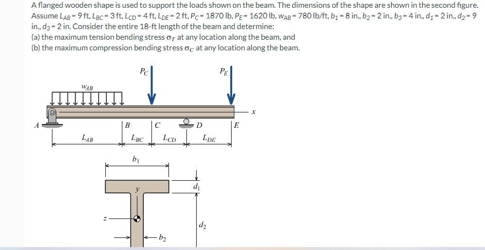 A flanged wooden shape is used to support the loads shown on the beam. The dimensions of the shape are shown in the second figure.
Assume LAB = 9 ft, LBc = 3 ft, LcD = 4 ft, LDE = 2 ft, PC= 1870 lb, PE 1620 lb, WAB 780 lb/ft, b₁ = 8 in., b₂ = 2 in., b3 = 4 in., d₁ = 2 in., d₂ = 9
in., d3= 2 in. Consider the entire 18-ft length of the beam and determine:
(a) the maximum tension bending stress or at any location along the beam, and
(b) the maximum compression bending stress oc at any location along the beam.
WAB
LAB
B
LBC
b₁
с
LCD
·b₂
O
D
dj
LDE
d₂
PE
E
X