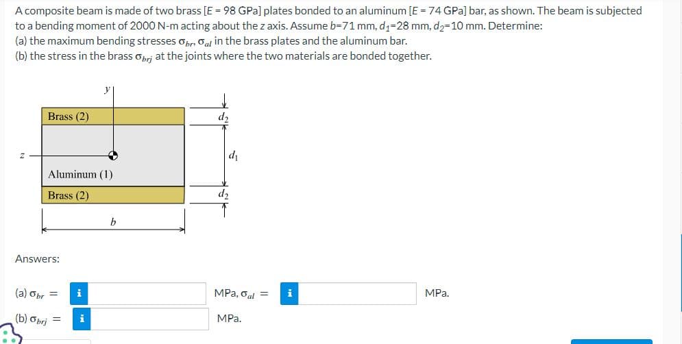 A composite beam is made of two brass [E = 98 GPa] plates bonded to an aluminum [E = 74 GPa] bar, as shown. The beam is subjected
to a bending moment of 2000 N-m acting about the z axis. Assume b-71 mm, d₁-28 mm, d₂-10 mm. Determine:
(a) the maximum bending stresses Obr: Oal in the brass plates and the aluminum bar.
(b) the stress in the brass Obrj at the joints where the two materials are bonded together.
Brass (2)
Aluminum (1)
Brass (2)
Answers:
(a) Obr=
(b) Obrj
y
i
b
d₂
d₂
d₁
MPa, Gal = i
MPa.
MPa.