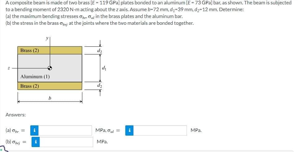 A composite beam is made of two brass [E = 119 GPa] plates bonded to an aluminum [E = 73 GPa] bar, as shown. The beam is subjected
to a bending moment of 2320 N-m acting about the z axis. Assume b-72 mm, d₁-39 mm, d₂-12 mm. Determine:
(a) the maximum bending stresses Obr. Gal in the brass plates and the aluminum bar.
(b) the stress in the brass Obrj at the joints where the two materials are bonded together.
Brass (2)
Aluminum (1)
Brass (2)
Answers:
(a) Obr =
(b) Obrj =
i
i
b
d₂
d₁
d₂
MPa, Gal = i
MPa.
MPa.