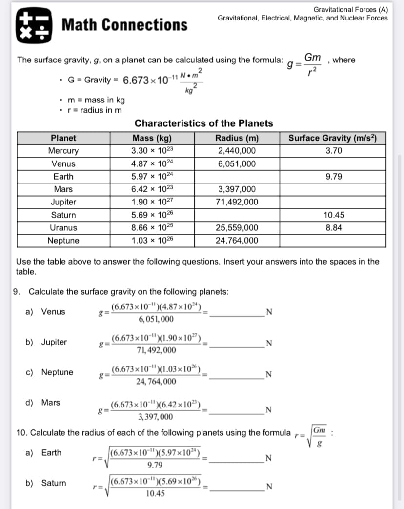 Gravitational Forces (A)
Gravitational, Electrical, Magnetic, and Nuclear Forces
Math Connections
Gm
The surface gravity, g, on a planet can be calculated using the formula:
g =
, where
• G = Gravity = 6.673×10-11 N • m²
kg
• m = mass in kg
• r= radius in m
Characteristics of the Planets
Planet
Mass (kg)
Radius (m)
Surface Gravity (m/s?)
Mercury
3.30 х 1023
2,440,000
3.70
Venus
4.87 x 1024
6,051,000
Earth
5.97 х 1024
9.79
Mars
6.42 x 1023
3,397,000
Jupiter
1.90 x 1027
71,492,000
Saturn
5.69 x 1026
10.45
Uranus
8.66 x 1025
25,559,000
8.84
Neptune
1.03 х 1026
24,764,000
Use the table above to answer the following questions. Insert your answers into the spaces in the
table.
9. Calculate the surface gravity on the following planets:
(6.673x10-")(4.87×10²4)_
a) Venus
g=
6,051, 000
(6.673×10"")(1.90 ×10")
71, 492, 000
b) Jupiter
g=
%3D
c) Neptune
(6.673×10-")(1.03×10%)
g=
24, 764, 000
(6.673×10 ")(6.42 ×10")
g=
d) Mars
3, 397,000
Gm
10. Calculate the radius of each of the following planets using the formula
а) Earth
|(6.673×10"")(5.97×10*)
r =,
9.79
b) Saturn
|(6.673×10"|")(5.69 ×10²%)
r =
10.45
+x
