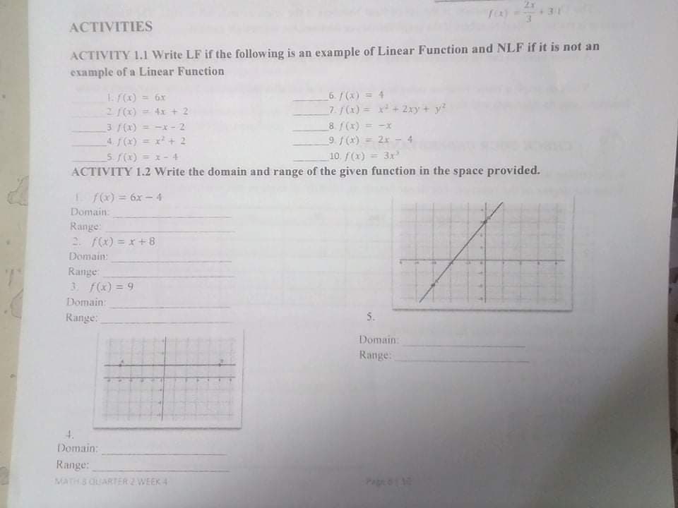 31
ACTIVITIES
ACTIVITY 1.1 Write LF if the following is an example of Linear Function and NLF if it is not an
example of a Linear Function
6./ (x) = 4
7.f(x) = x +2xy + y?
8. 1(x)
91(x) = 2x - 4
= 6x
2 (x) = 4x + 2
3 /(x) = -x- 2
= -X
4.f(x) = x + 2
5. /(x)
ACTIVITY 1.2 Write the domain and range of the given function in the space provided.
=x-4
10. (x) = 3x
1f) = 6x- 4
Domain:
Range:
2. /(x) = x +8
Domain:
Range
3 f(x) = 9
Domain:
Range:
5.
Domain
Range:
4.
Domain:
Range:
MATH 8 OUARTER 2 WEEK 4
