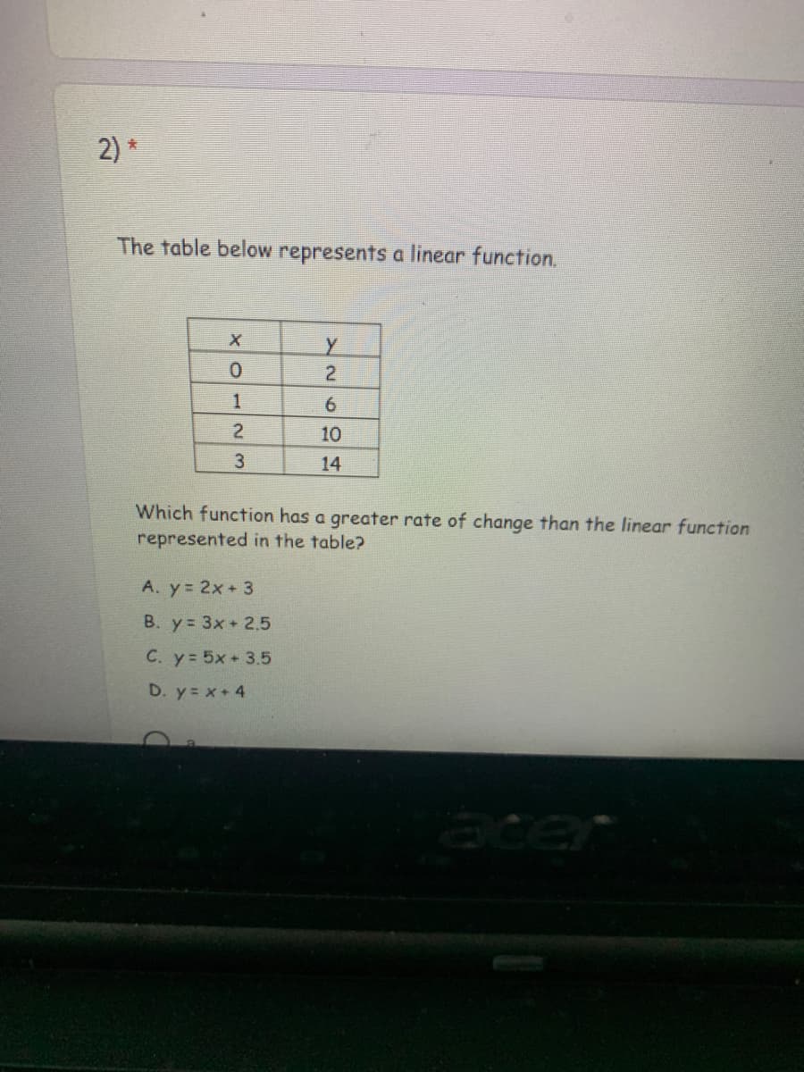 2) *
The table below represents a linear function,
21
1
6.
2
10
3
14
Which function has a greater rate of change than the linear function
represented in the table?
A. y 2x+ 3
B. y= 3x+ 2,5
C. y= 5x + 3.5
D. y= x+4
acer
