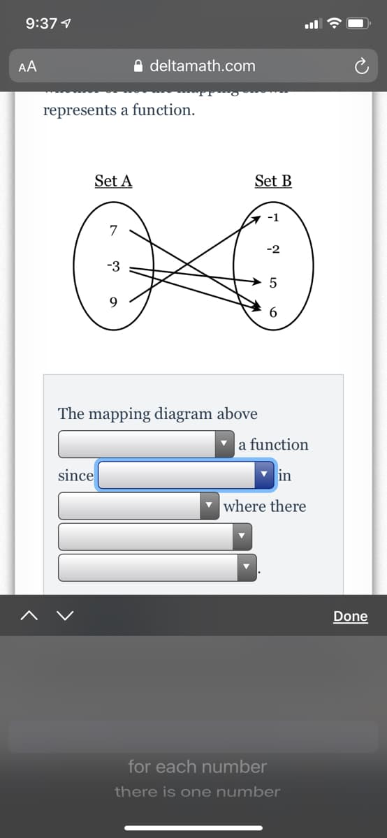 9:37 1
AA
A deltamath.com
represents a function.
Set A
Set B
7 -1
-2
-3
6.
The mapping diagram above
v a function
since
in
v where there
Done
for each number
there is one number
