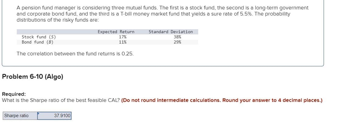 A pension fund manager is considering three mutual funds. The first is a stock fund, the second is a long-term government
and corporate bond fund, and the third is a T-bill money market fund that yields a sure rate of 5.5%. The probability
distributions of the risky funds are:
Stock fund (S)
Bond fund (B)
The correlation between the fund returns is 0.25.
Problem 6-10 (Algo)
Expected Return
17%
11%
Sharpe ratio
Required:
What is the Sharpe ratio of the best feasible CAL? (Do not round intermediate calculations. Round your answer to 4 decimal places.)
37.9100
Standard Deviation
38%
29%