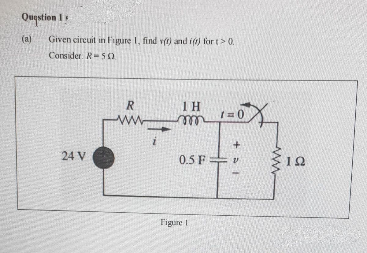 Question 15
(a)
Given circuit in Figure 1, find v(t) and i(t) for t> 0.
Consider: R=502.
24 V
R
ww
1 H
m
0.5 F
Figure 1
t=0
+31
122