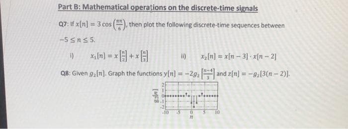 Part B: Mathematical operations on the discrete-time signals
Q7: If x[n] = 3 cos (
-5 ≤ns 5.
1)
x₁[m]=x+x
ii)
x₂ [n] = x[n- 3] x[n-2]
Q8: Given g₂[n]. Graph the functions y[n] = -29₂ [] and z[n] = -9₂[3(n-2)].
then plot the following discrete-time sequences between
ga[n]
-10
5
0
11
10