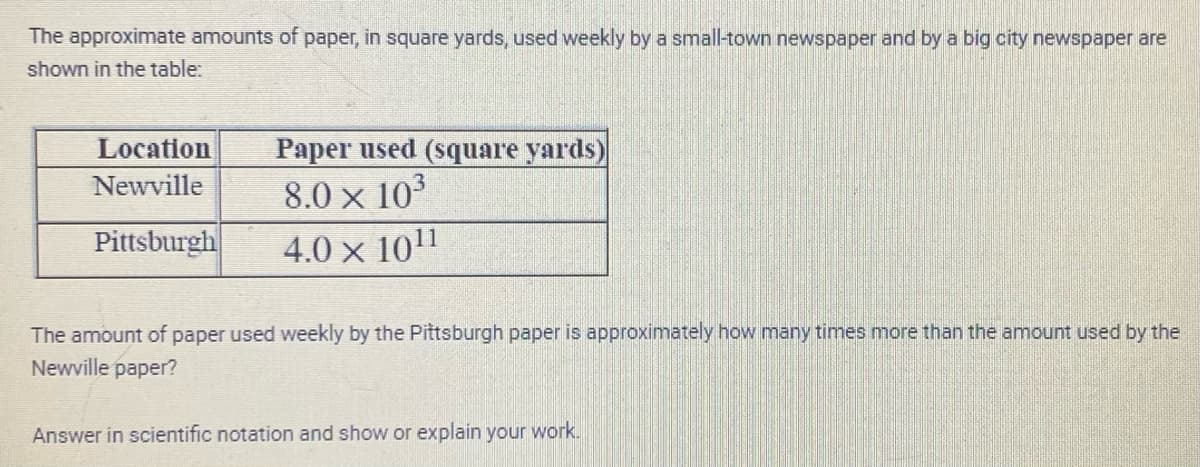 The approximate amounts of paper, in square yards, used weekly by a small-town newspaper and by a big city newspaper are
shown in the table:
Location
Newville
Pittsburgh
Paper used (square yards)
8.0 × 10³
4.0 × 10¹1
The amount of paper used weekly by the Pittsburgh paper is approximately how many times more than the amount used by the
Newville paper?
Answer in scientific notation and show or explain your work.