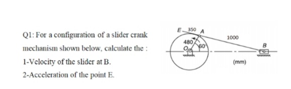 E350 A
Ql: For a configuration of a slider crank
1000
480
B.
mechanism shown below, calculate the :
wwwww
1-Velocity of the slider at B.
(mm)
2-Acceleration of the point E.
