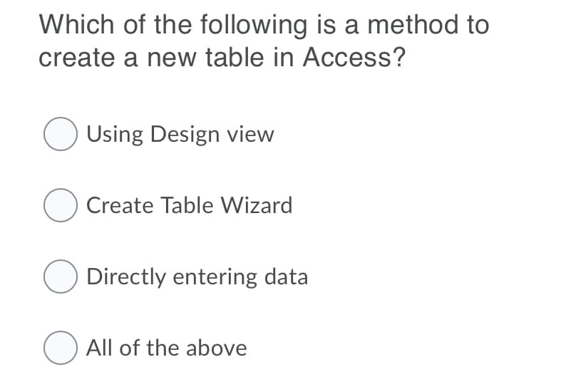 Which of the following is a method to
create a new table in Access?
Using Design view
O Create Table Wizard
Directly entering data
O All of the above
