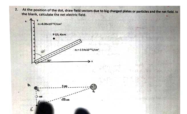 2. At the position of the dot, draw field vectors due to big charged plates or particles and the net field. In
the blank, calculate the net electric field.
o:-8.85x10C/cm
P((3, 4)em
-3.54x10C/cm
30
icm
