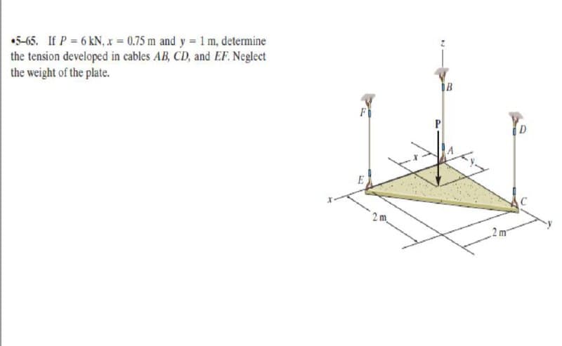 5-65. If P = 6 kN, x 0.75 m and y = 1 m, determine
the tension developed in cables AB, CD, and EF. Neglect
the weight of the plate.
F
P
E
2m
